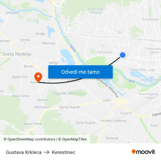 Gustava Krkleca to Kerestinec map