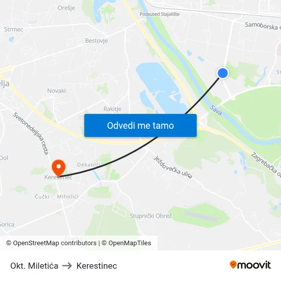 Okt. Miletića to Kerestinec map