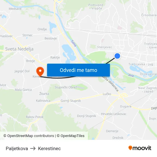 Paljetkova to Kerestinec map