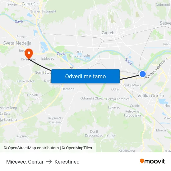 Mičevec, Centar to Kerestinec map