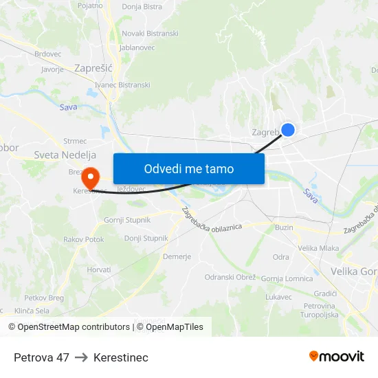 Petrova 47 to Kerestinec map