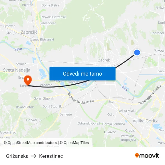 Grižanska to Kerestinec map