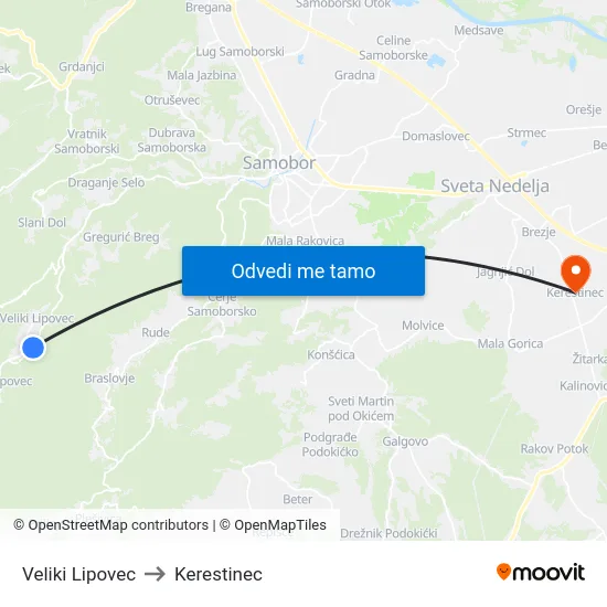 Veliki Lipovec to Kerestinec map