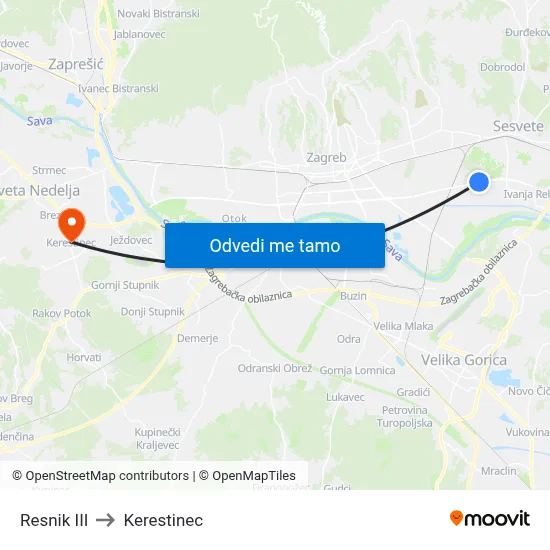 Resnik III to Kerestinec map