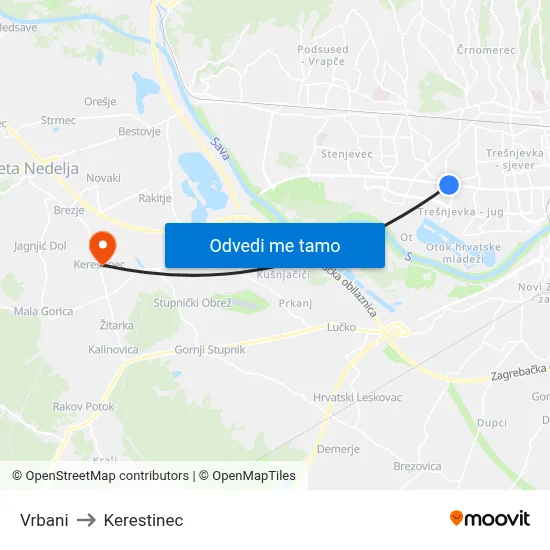 Vrbani to Kerestinec map