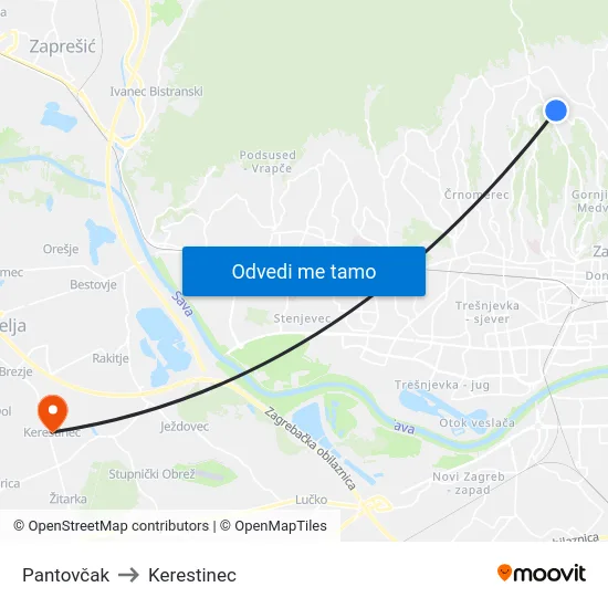 Pantovčak to Kerestinec map