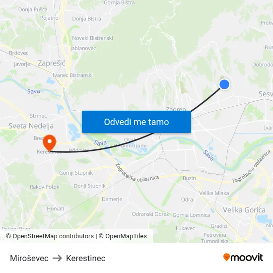 Miroševec to Kerestinec map