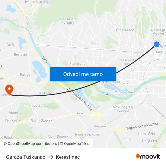 Garaža Tuškanac to Kerestinec map