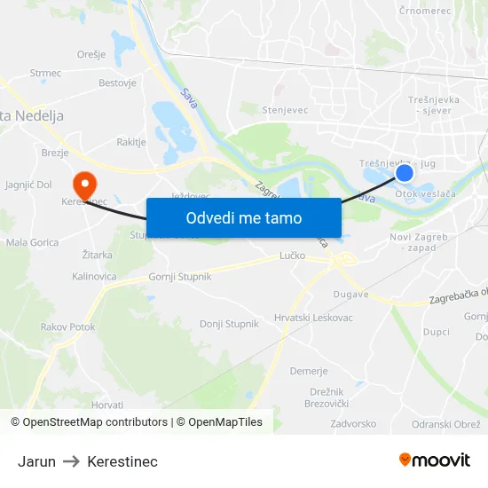 Jarun to Kerestinec map