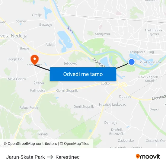 Jarun-Skate Park to Kerestinec map