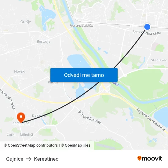 Gajnice to Kerestinec map