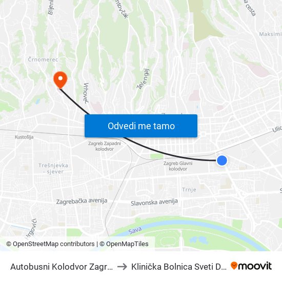 Autobusni Kolodvor Zagreb to Klinička Bolnica Sveti Duh map