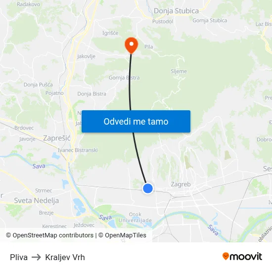 Pliva to Kraljev Vrh map