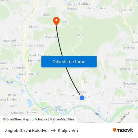 Zagreb Glavni Kolodvor to Kraljev Vrh map