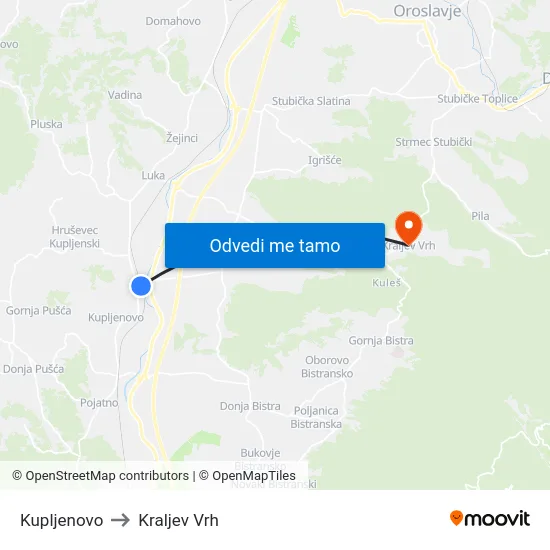 Kupljenovo to Kraljev Vrh map