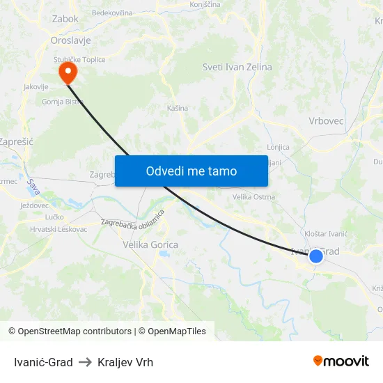 Ivanić-Grad to Kraljev Vrh map