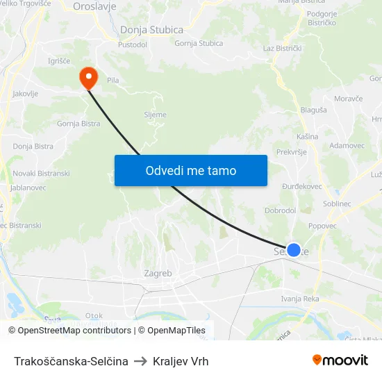 Trakoščanska-Selčina to Kraljev Vrh map