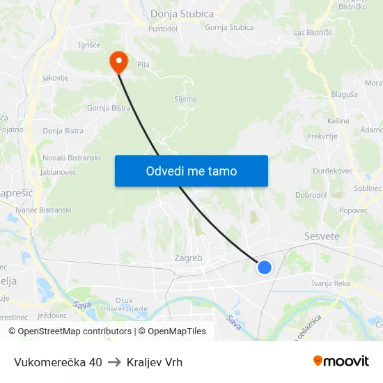 Vukomerečka 40 to Kraljev Vrh map