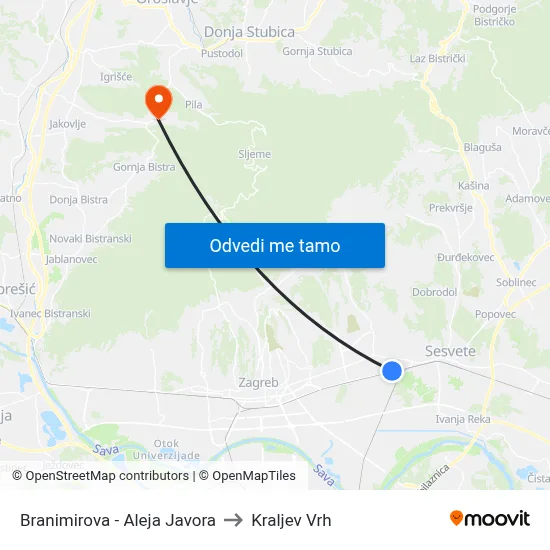Branimirova - Aleja Javora to Kraljev Vrh map