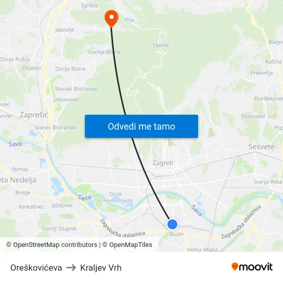 Oreškovićeva to Kraljev Vrh map