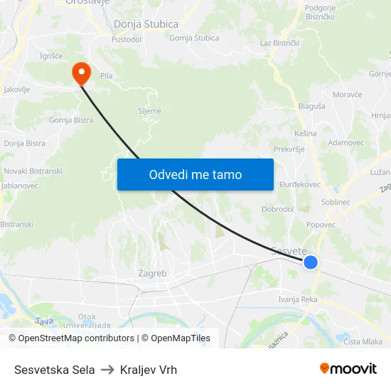 Sesvetska Sela to Kraljev Vrh map