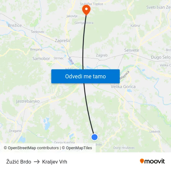 Žužić Brdo to Kraljev Vrh map