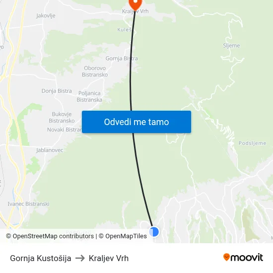 Gornja Kustošija to Kraljev Vrh map