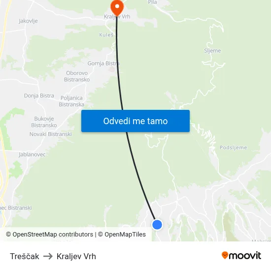 Treščak to Kraljev Vrh map