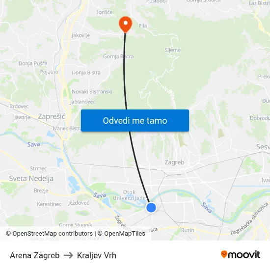 Arena Zagreb to Kraljev Vrh map