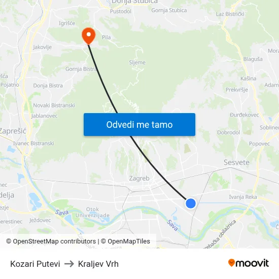 Kozari Putevi to Kraljev Vrh map
