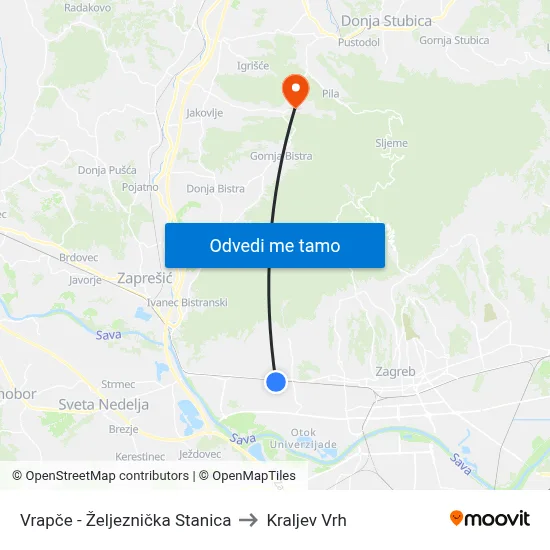 Vrapče - Željeznička Stanica to Kraljev Vrh map