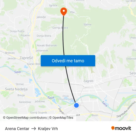 Arena Centar to Kraljev Vrh map