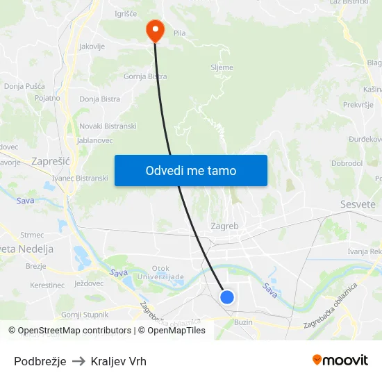 Podbrežje to Kraljev Vrh map