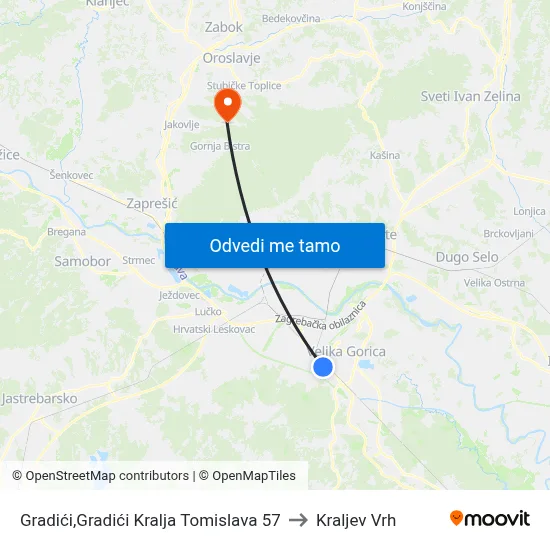 Gradići,Gradići Kralja Tomislava 57 to Kraljev Vrh map