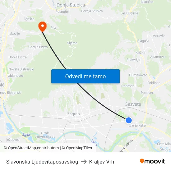 Slavonska Ljudevitaposavskog to Kraljev Vrh map