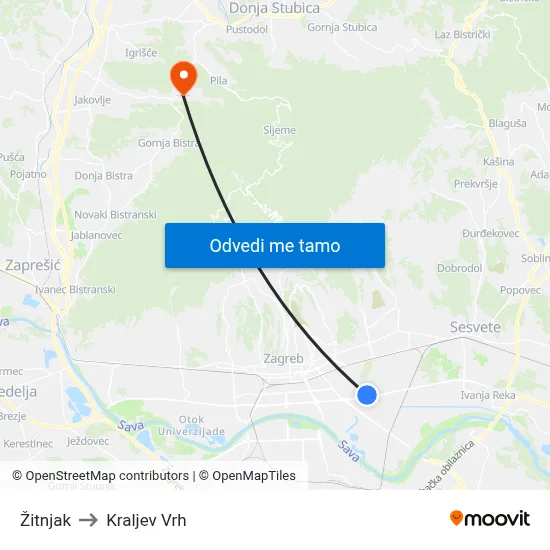 Žitnjak to Kraljev Vrh map