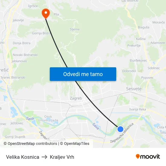 Velika Kosnica to Kraljev Vrh map