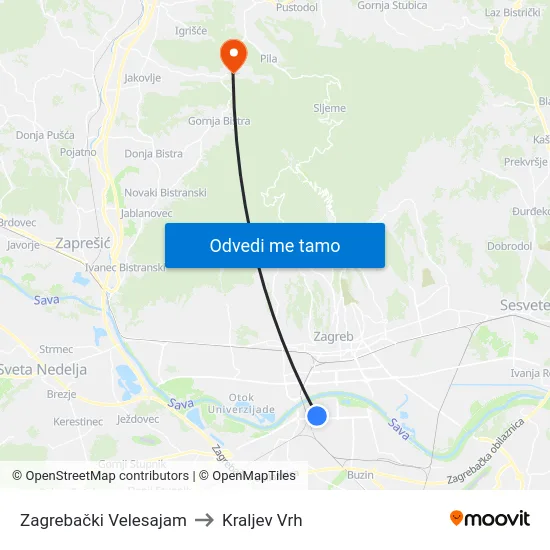 Zagrebački Velesajam to Kraljev Vrh map