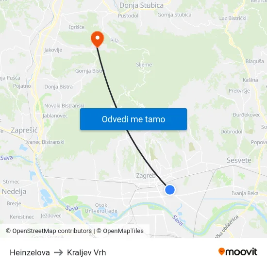 Heinzelova to Kraljev Vrh map