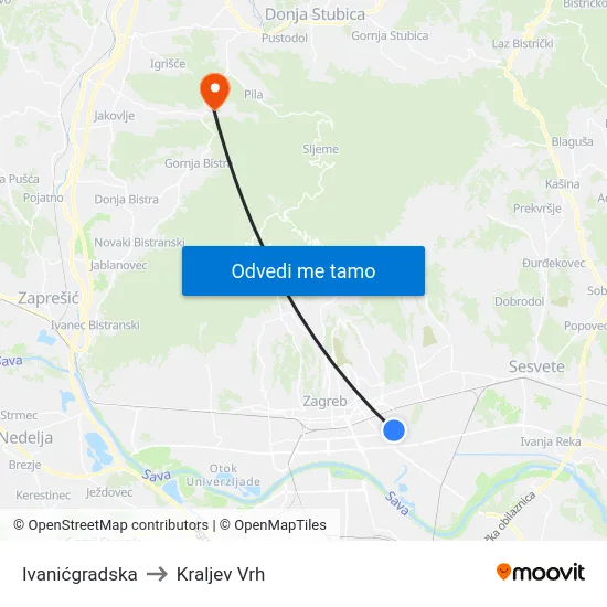 Ivanićgradska to Kraljev Vrh map