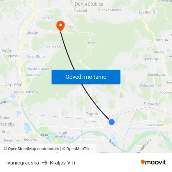 Ivanićgradska to Kraljev Vrh map