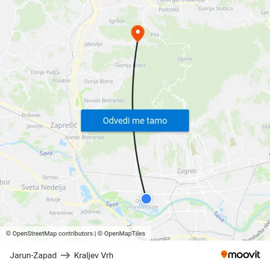 Jarun-Zapad to Kraljev Vrh map