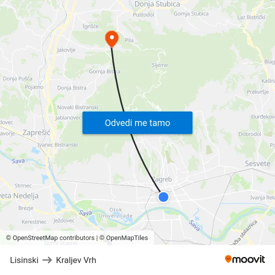 Lisinski to Kraljev Vrh map