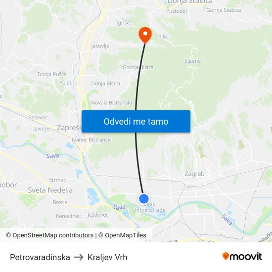Petrovaradinska to Kraljev Vrh map