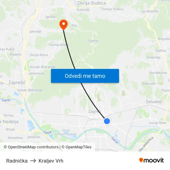 Radnička to Kraljev Vrh map