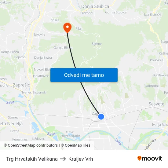 Trg Hrvatskih Velikana to Kraljev Vrh map