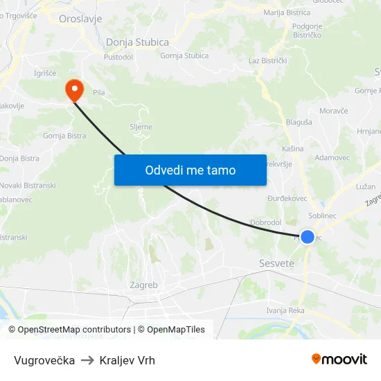 Vugrovečka to Kraljev Vrh map