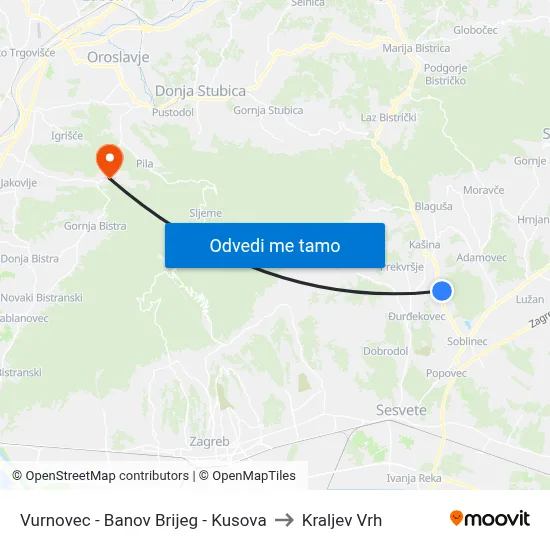 Vurnovec - Banov Brijeg - Kusova to Kraljev Vrh map