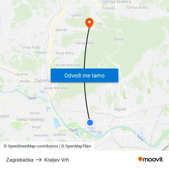 Zagrebačka to Kraljev Vrh map