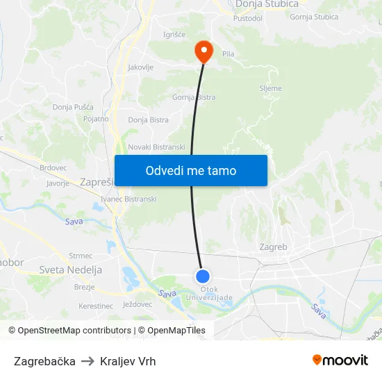Zagrebačka to Kraljev Vrh map